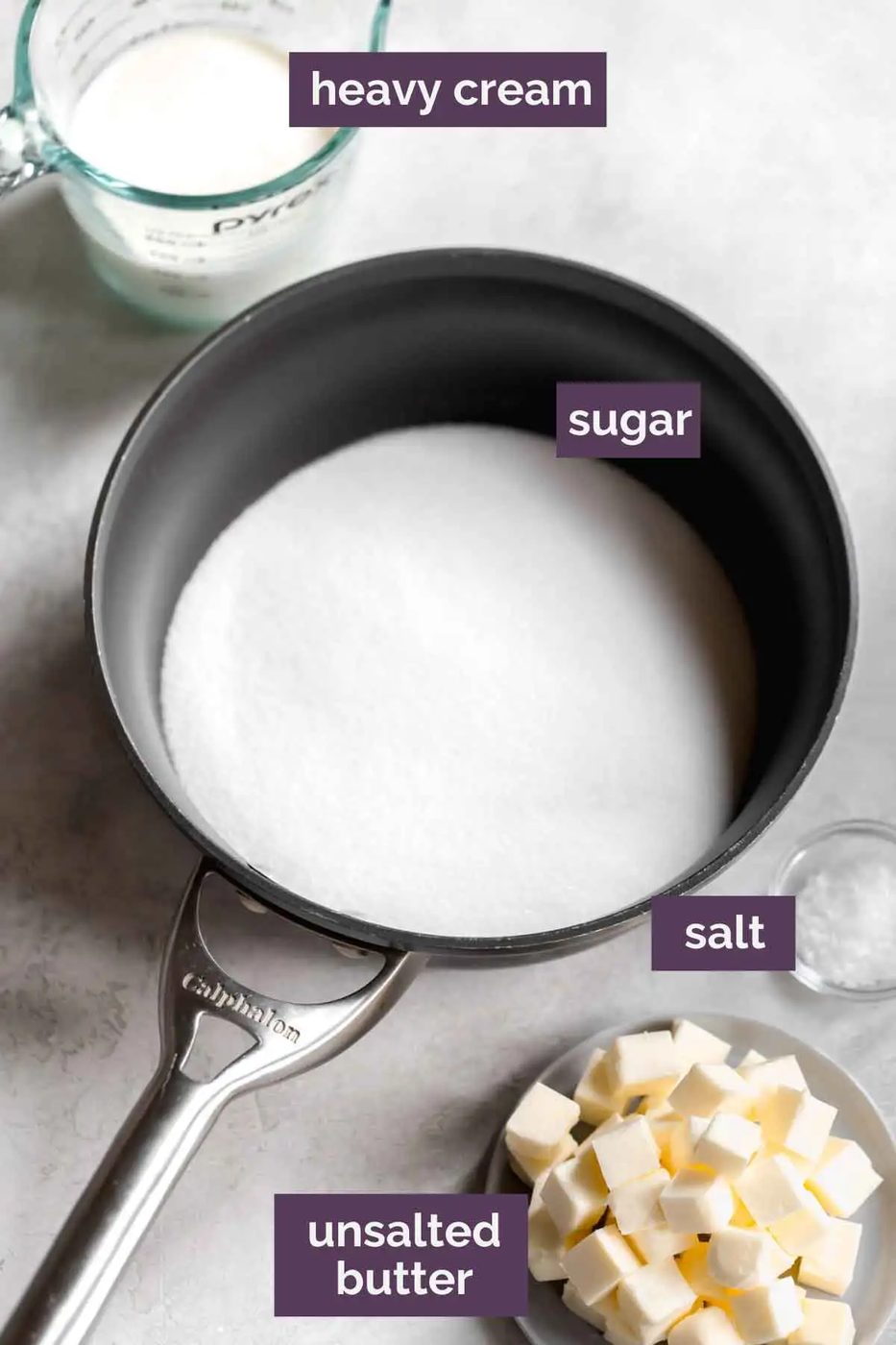 Ingredients for salted caramel sauce prepped and labeled.