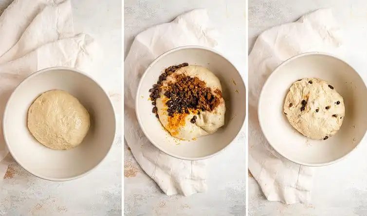 Step by step photos of mixing raisins and spices into dough.