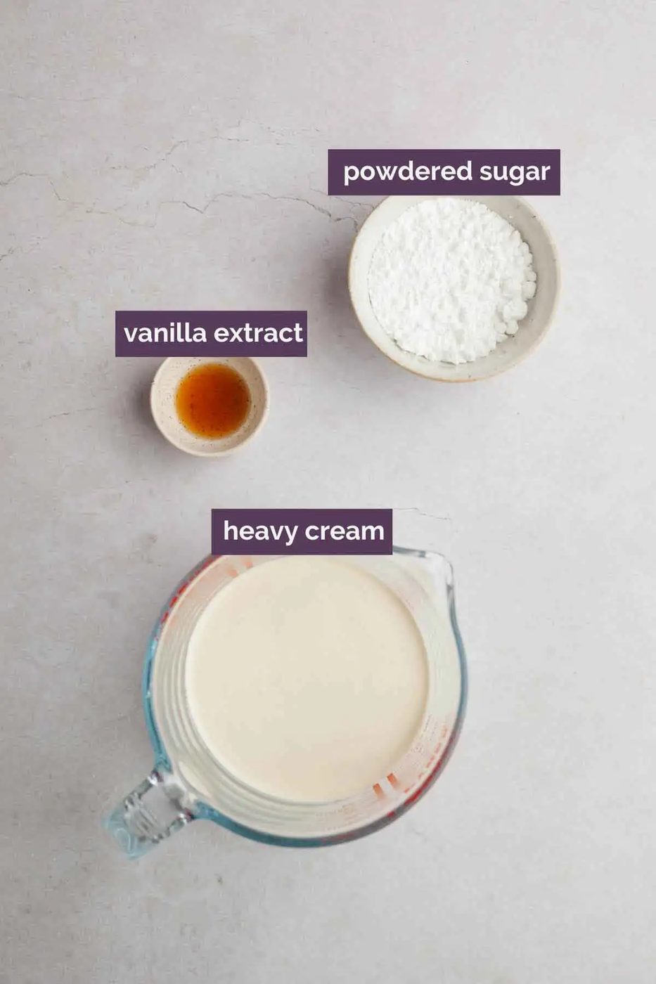 Ingredients for from-scratch whipped cream prepped and labeled.
