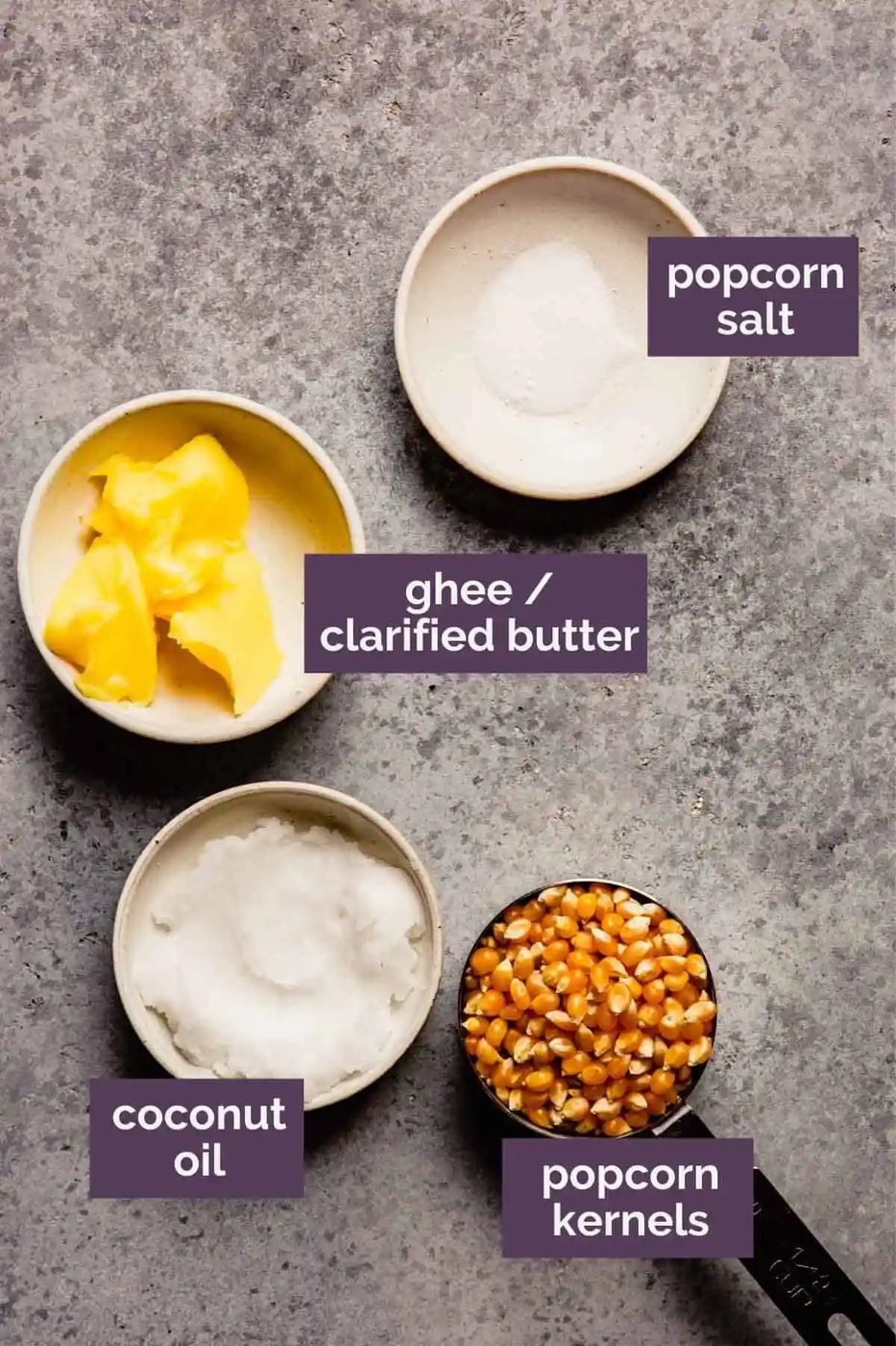 Ingredients for from-scratch popcorn prepped and labeled.