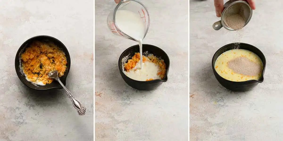 Mixing together orange zest, sugar, milk, and yeast for Italian Easter bread.