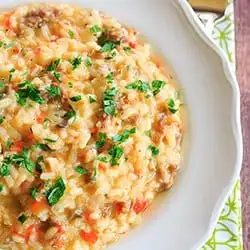 Sausage, Pepper & Mushroom Risotto - A hearty meal that needs only Italian bread and a big salad as an accompaniment! |
