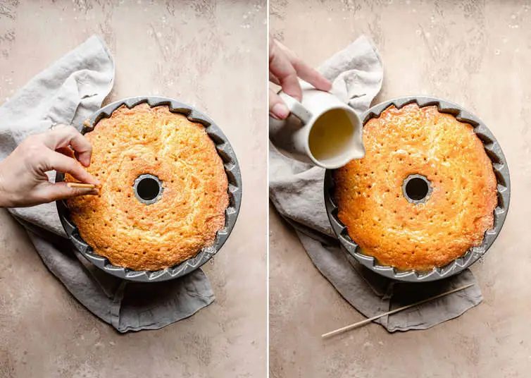 Skewer poking holes in cake and glaze drizzled on top.