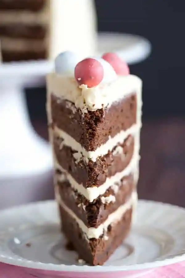 Malted Chocolate Cake, served with Malted White Chocolate Frosting