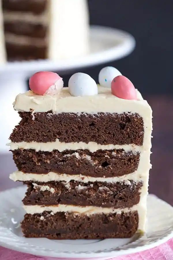 Malted Chocolate Cake, served with Malted White Chocolate Frosting