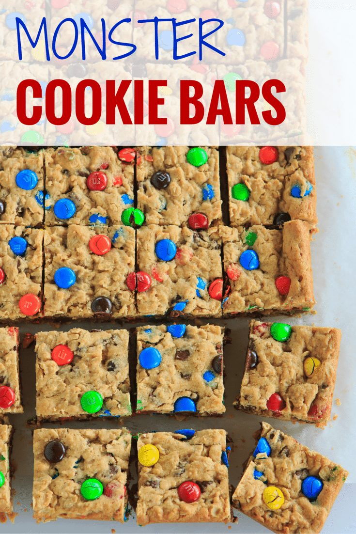 Monster Cookie Bars - Peanut butter dough is loaded with oats, chocolate chips and M&M's. |