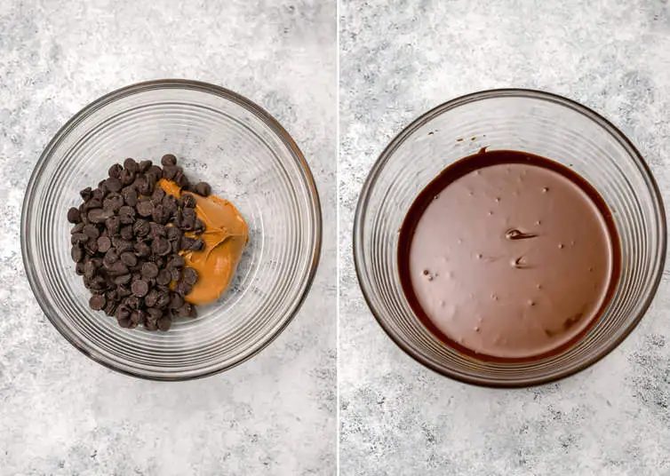 Two bowls of melted chocolate chips and peanut butter.