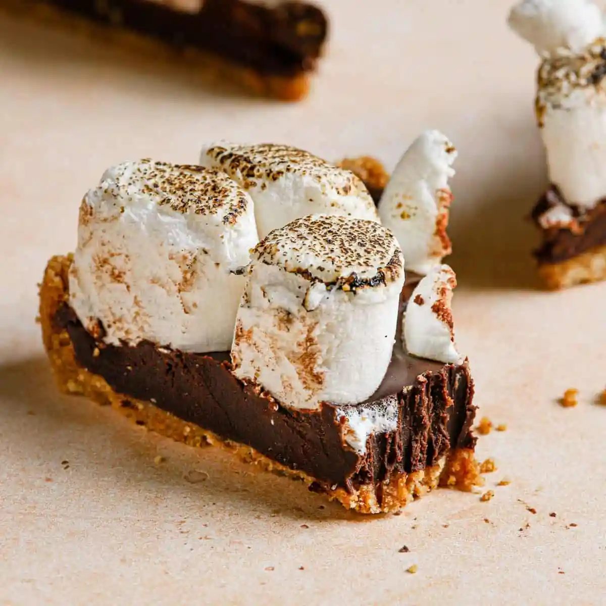 A wedge of s'mores pie with a bite taken out and the tops lightly toasted.