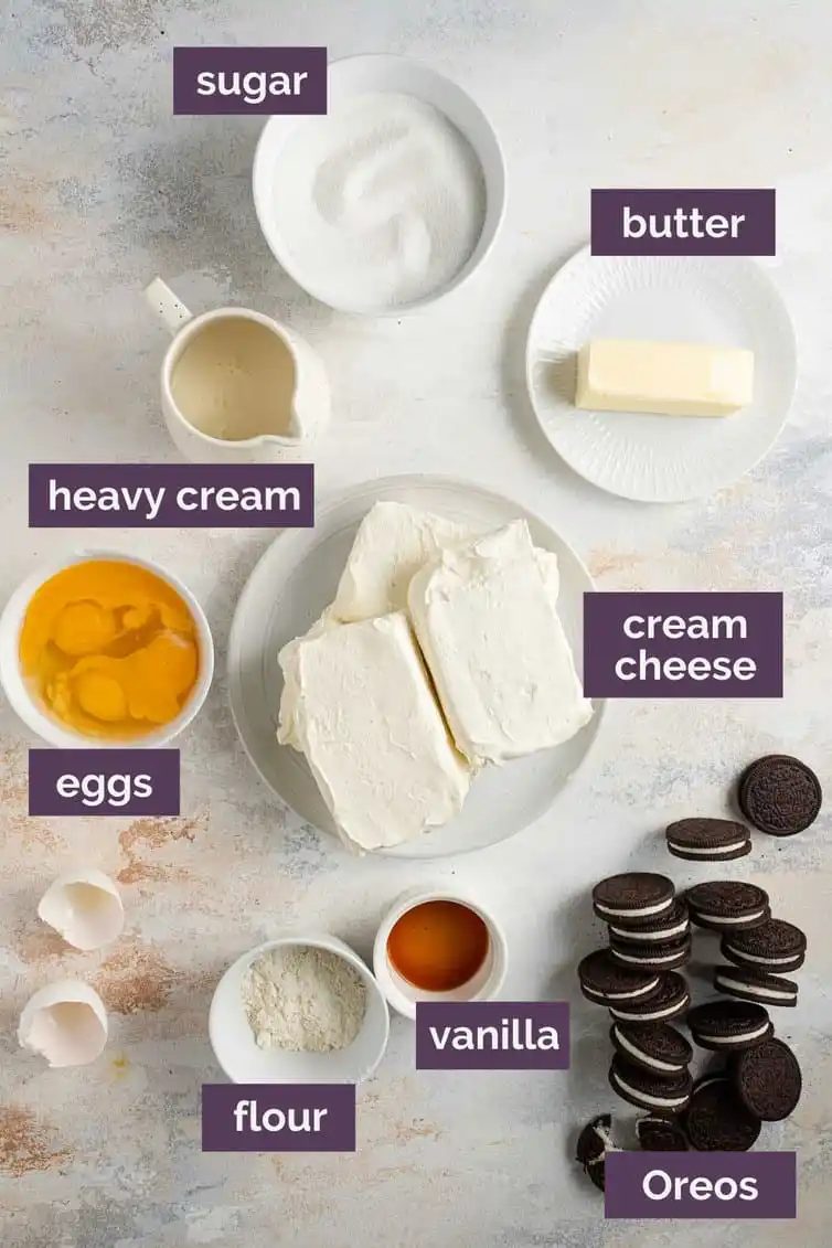 A photo of ingredients with labels prepped for Oreo cheesecake.