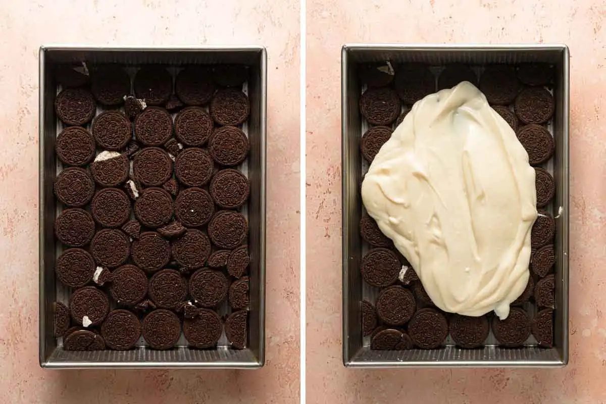Side by side photos of Oreo cookies layered on the bottom of a baking dish, then mostly covered with pudding.