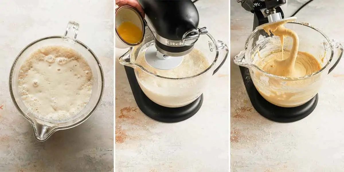 Three photo collage of mixing the dough for paczki doughnuts.