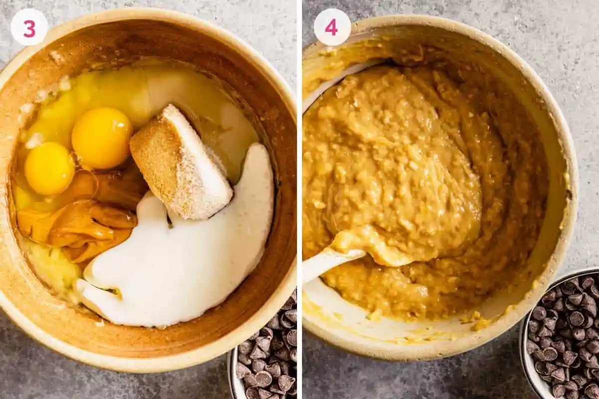 Mashed bananas, oil, eggs, peanut butter, sugars, and buttermilk mixed together.