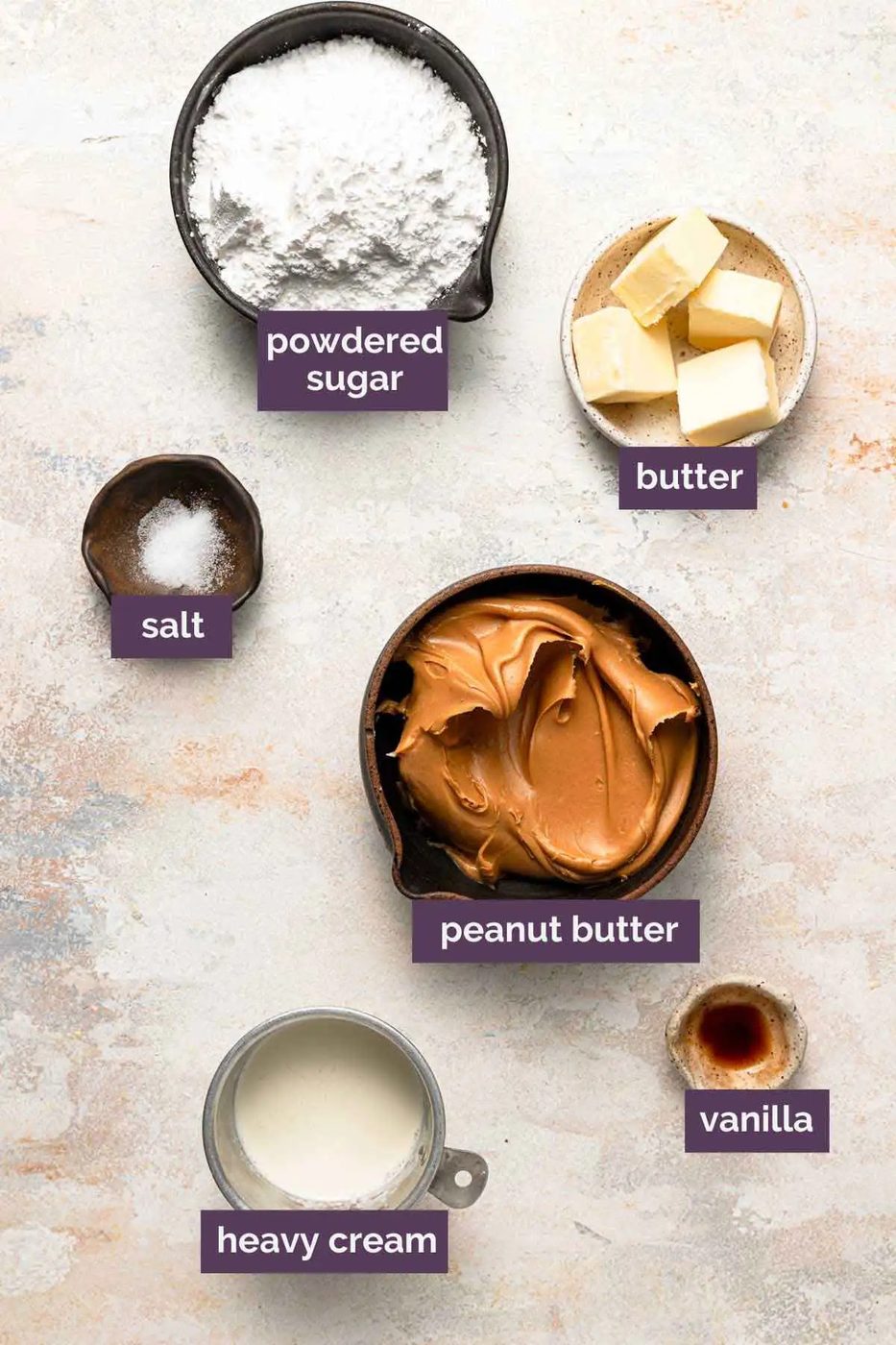 Ingredients for peanut butter frosting prepped in bowls and labeled.