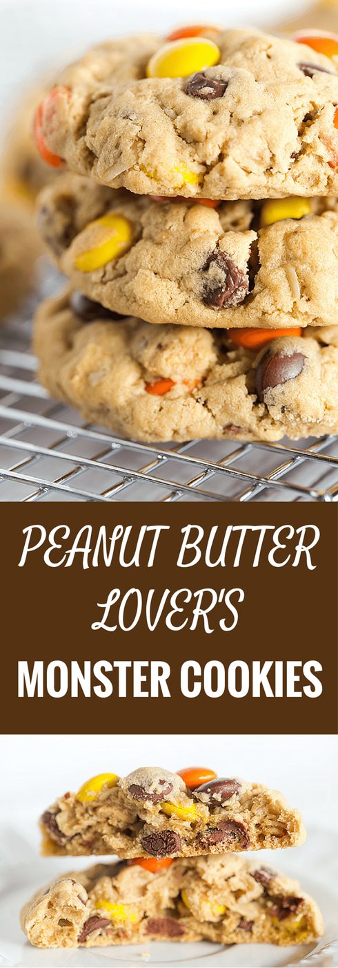 Peanut Butter Lover's Monster Cookies - A peanut butter dough loaded with oats, chocolate chips, peanut butter chips and Reese's Pieces! Go bake these NOW! |