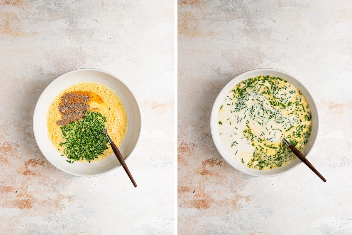Side by side photos of whisking together the filling for quiche Lorraine.