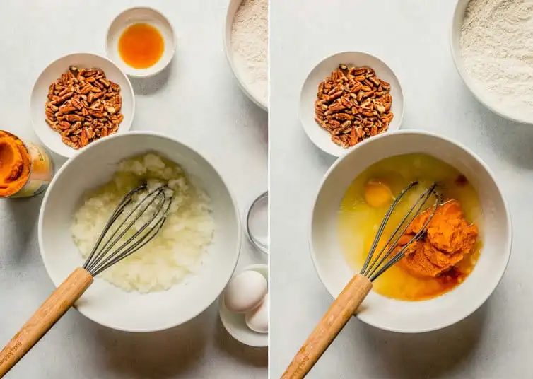 Stirring together the wet ingredients for pumpkin bread.