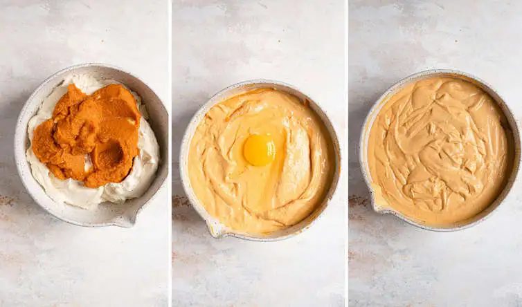 Mixing together the batter for pumpkin cheesecake.