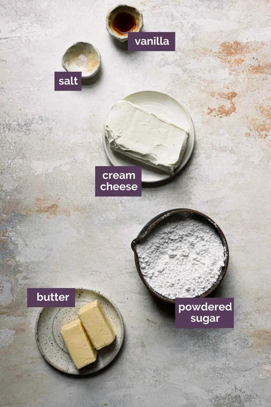 Ingredients for cream cheese frosting prepped and labeled.