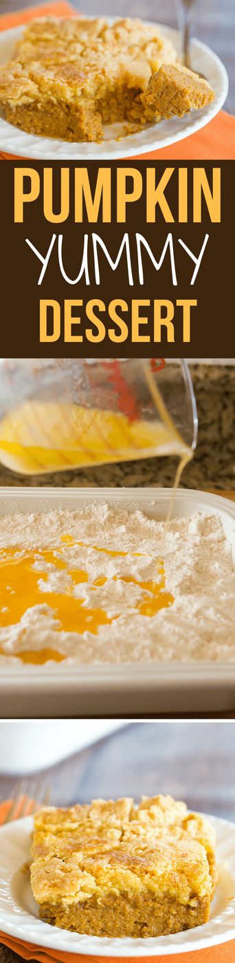 Pumpkin Tasty Dessert is made like a dump cake, with a pumpkin pie layer topped with a buttery cake layer. A speedy and straightforward Thanksgiving dessert!