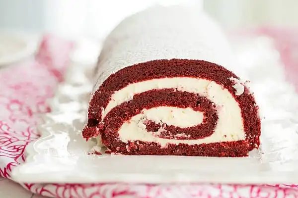 Red Velvet Roll Cake, served with White Chocolate-Cream Cheese Filling