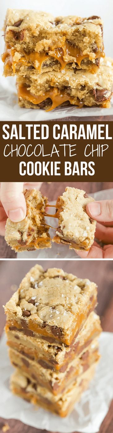 Salted Caramel Chocolate Chip Cookie Bars - A layer of salted caramel sauce is sandwiched between layers of a favorite chocolate chip cookie dough recipe, then topped with a sprinkle of fleur de sel.