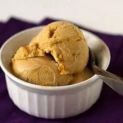 Scoops of salted caramel ice cream in a white bowl with a spoon.
