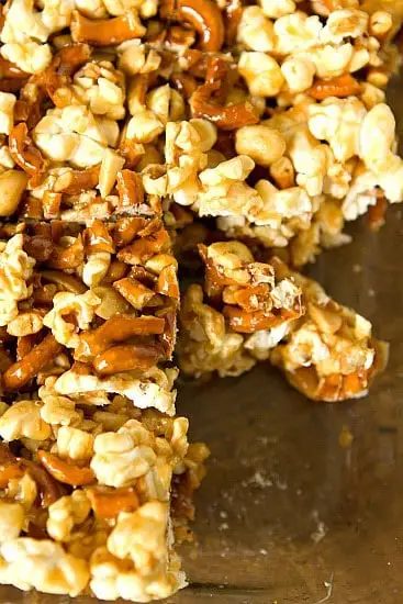 Salted Caramel Popcorn, Pretzel & Peanut Bars