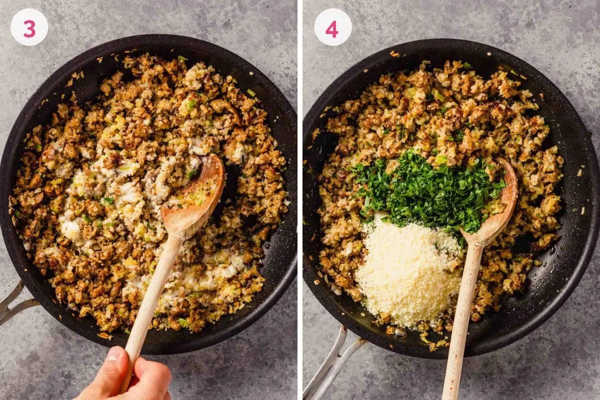 A photo on the left with the mascarpone added to the sausage on the left with the number 3 and a skillet with the seasoning added to the sausage on the right with the number 4.