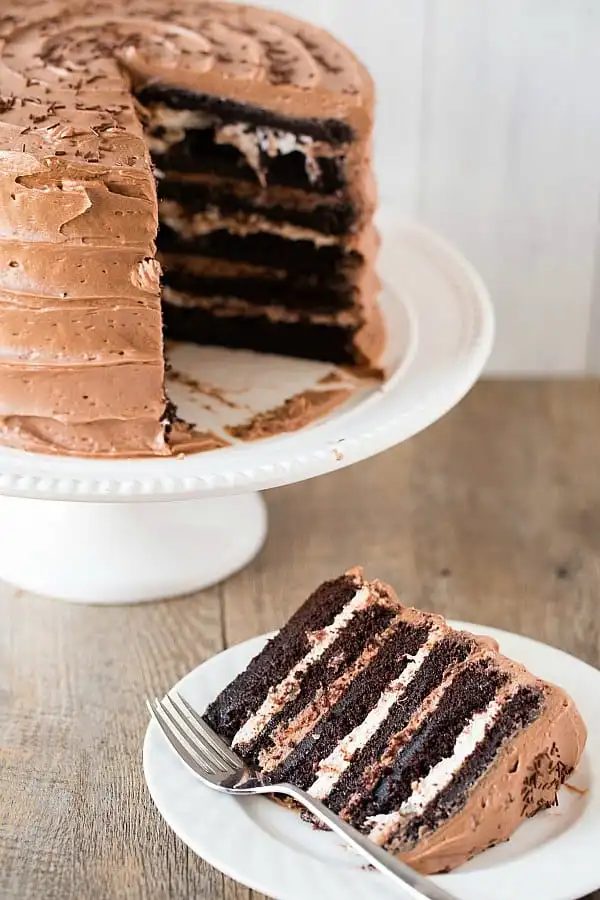 Six-Layer Chocolate Cake with Toasted Marshmallow Filling & Malted Chocolate Frosting