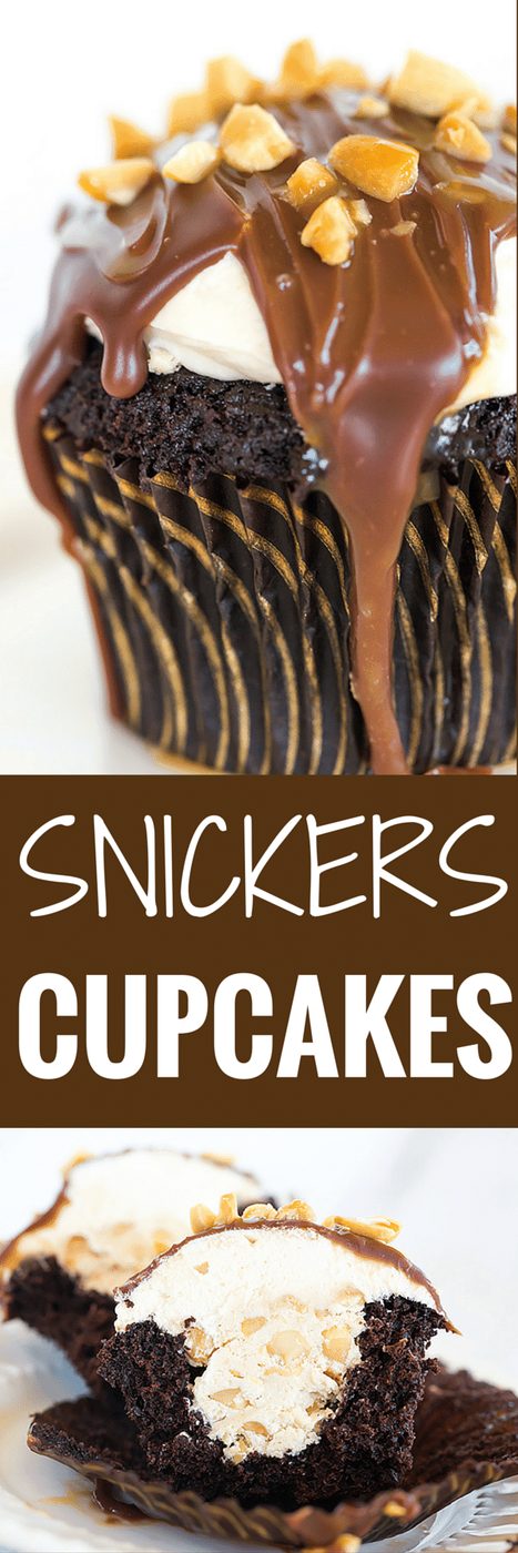 These Snickers cupcakes taste JUST like the candy bar... A chocolate cupcake filled with peanut nougat, topped with a caramel buttercream frosting, covered in a chocolate ganache, chopped peanuts and a drizzle of caramel sauce.