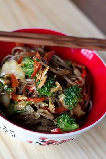 Soba Noodle Stir-Fry, served with Spicy Almond Butter Sauce