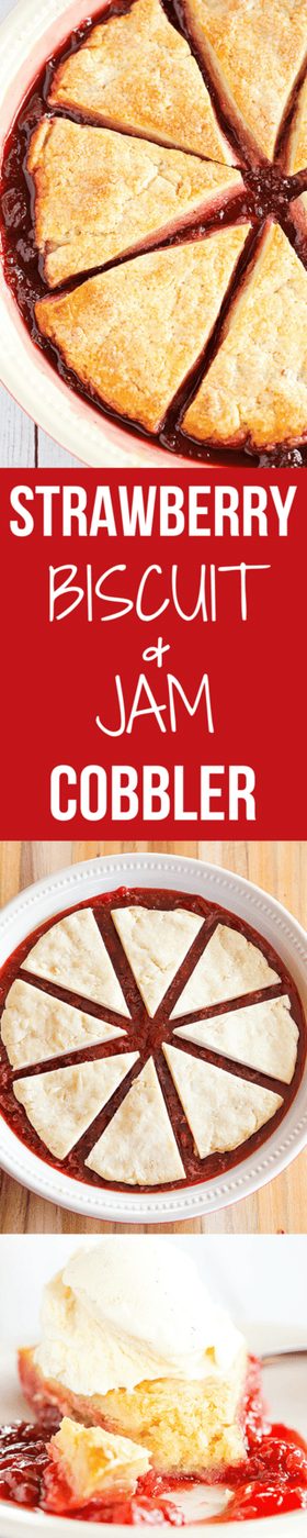 Cobbler-style biscuits are nestled on top of fresh strawberry jam and baked until bubbling and golden. A wonderful summer dessert!