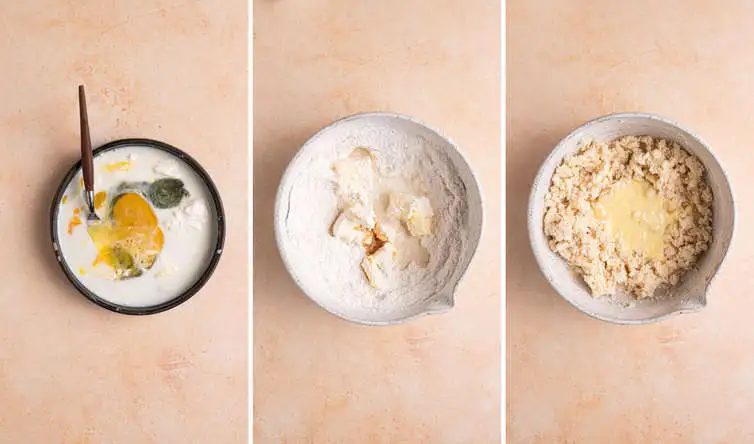 Side by side photos of a mixing bowl showing the different steps for strawberry cupcakes.