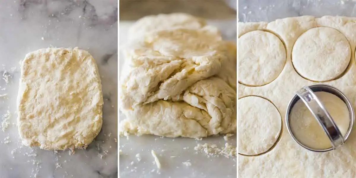 Photos of biscuit dough being folded, patted into a rectangle, and rounds cut out of the dough.