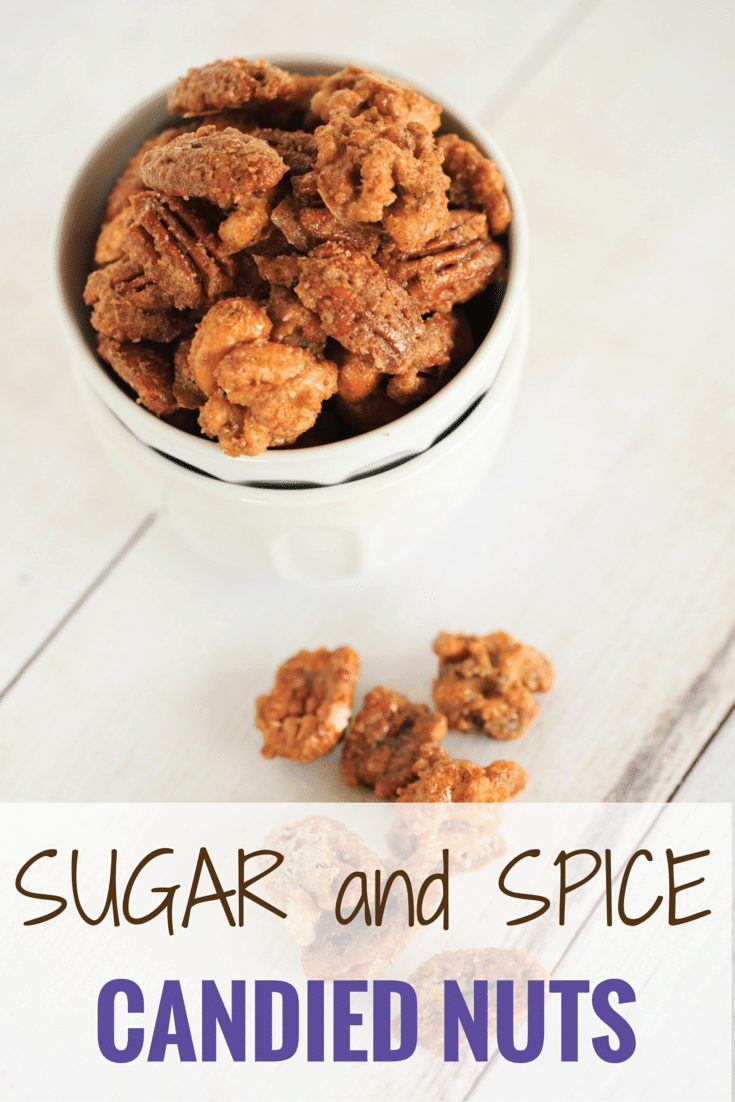 Sugar and Spiced Candied Nuts - These sweet and spicy candied nuts are sweet with a punch of cinnamon and a hint of spice. Reliable for holiday cocktail parties or hostess gifts! |