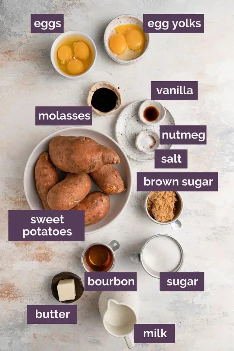 Ingredients for sweet potato pie prepped and labeled.