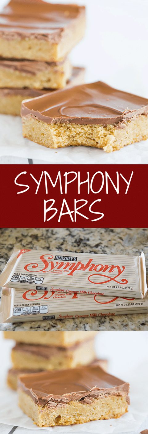 Symphony Bars - we revamped this recipe to use a stripped-down version of our favorite blondies as the base, then topped with broken-up Symphony chocolate bars and spread until they melt!