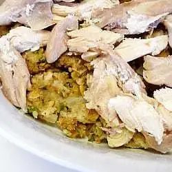Turkey casserole in a white serving dish.