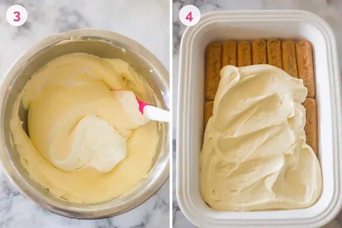 Two side by side photos. The one on the left shows a bowl with the mascarpone mixture and a spatula and the number 3. The one on the right shows the number 4 and a baking dish with a layer of ladyfingers topped with the mascarpone mixture.