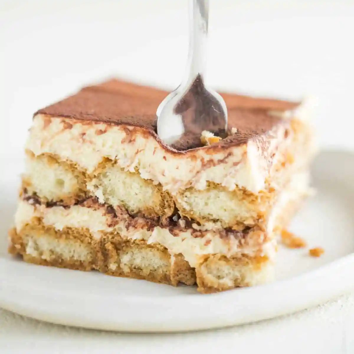 A white plate with a square slice of tiramisu and a fork in the front right corner.