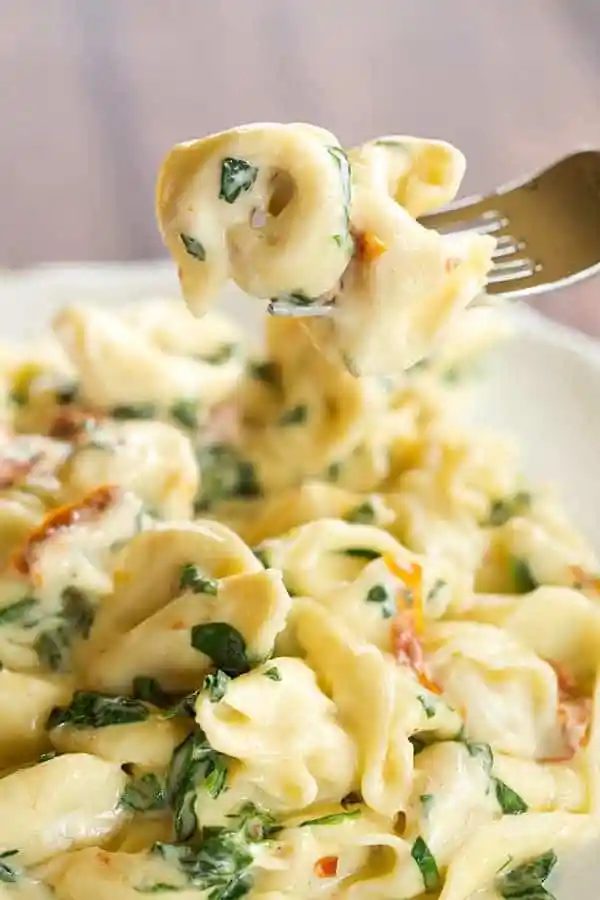 Tortellini in Parmesan-Cream Sauce with Spinach and Sun-Dried Tomatoes - A straightforward, AMAZING dinner ready in less than 30 minutes! Reliable for a weeknight meal or your next dinner party.