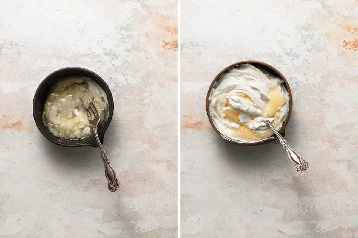 Mixing together butter, sugar, and sour cream for the start of king cake dough.