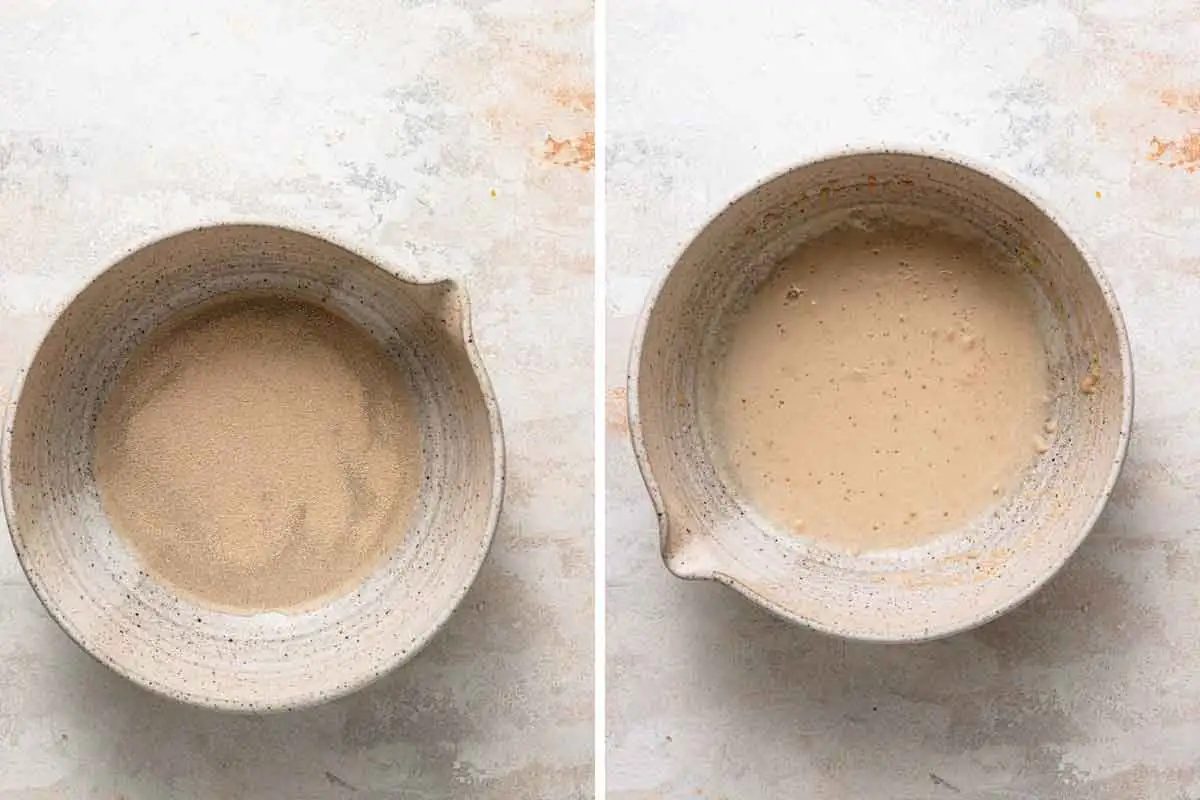 Yeast, water, and sugar mixed in a bowl and left to bloom.
