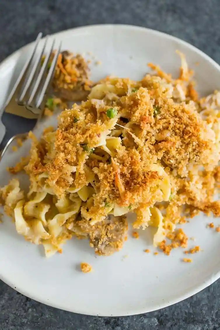 An overhead shot of a plate of turkey tetrazzini.