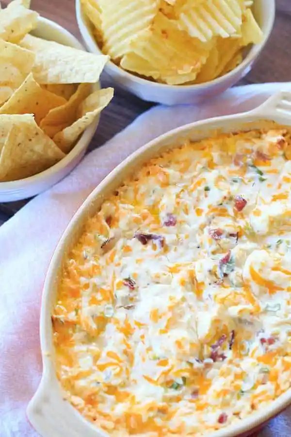 Warm and Cheesy Bacon Dip - A hot version of the popular Loaded Baked Potato Dip! |