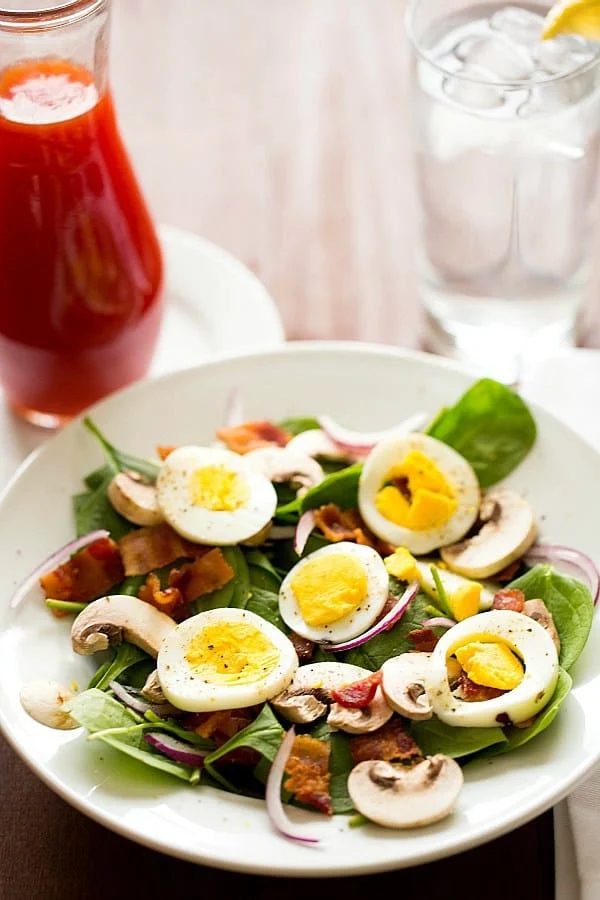 Warm Spinach Salad plus Bacon, Mushrooms & Hard-Boiled Eggs