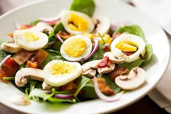 Warm Spinach Salad plus Bacon, Mushrooms & Hard-Boiled Eggs