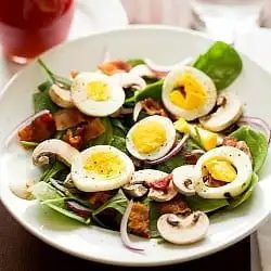 Warm Spinach Salad plus Bacon, Mushrooms & Hard-Boiled Eggs
