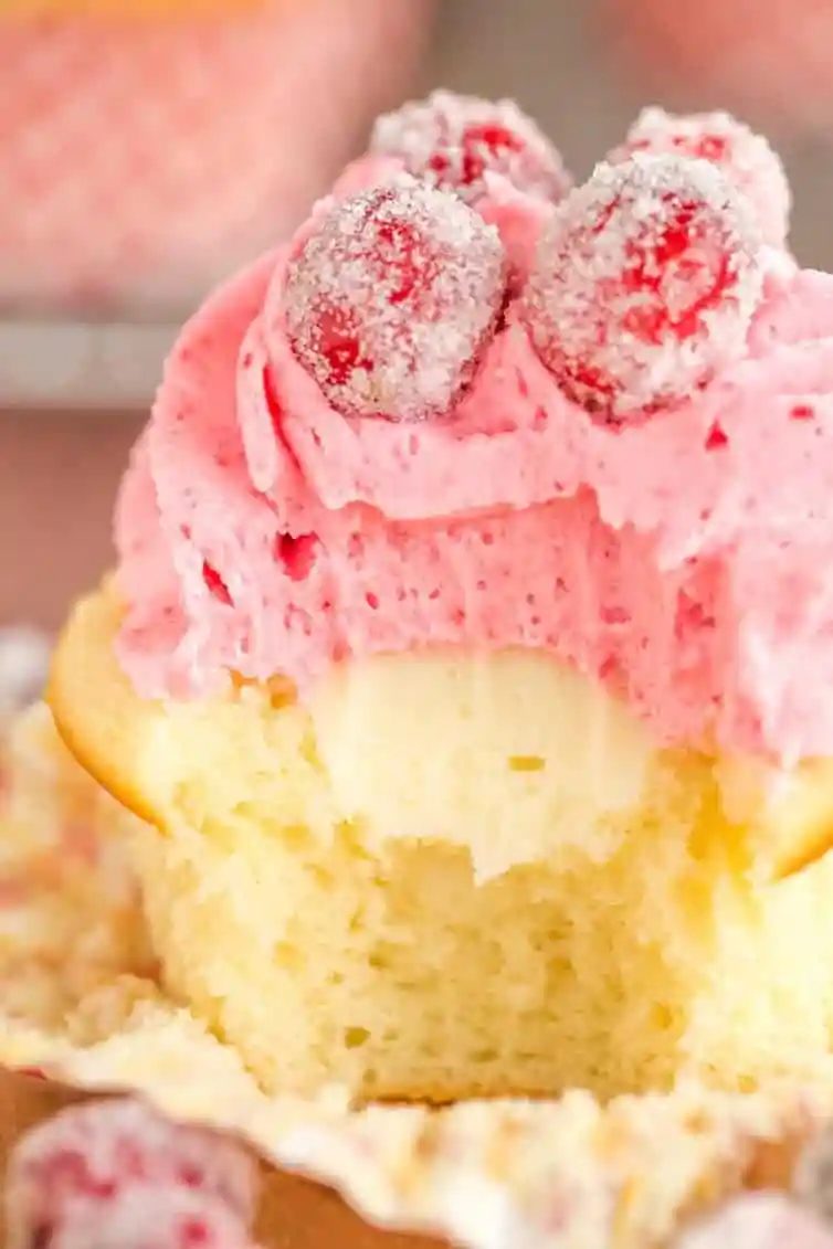 Sparkling Cranberry White Chocolate Cupcakes - Vanilla cupcakes with white chocolate ganache filling and cranberry buttercream frosting. |