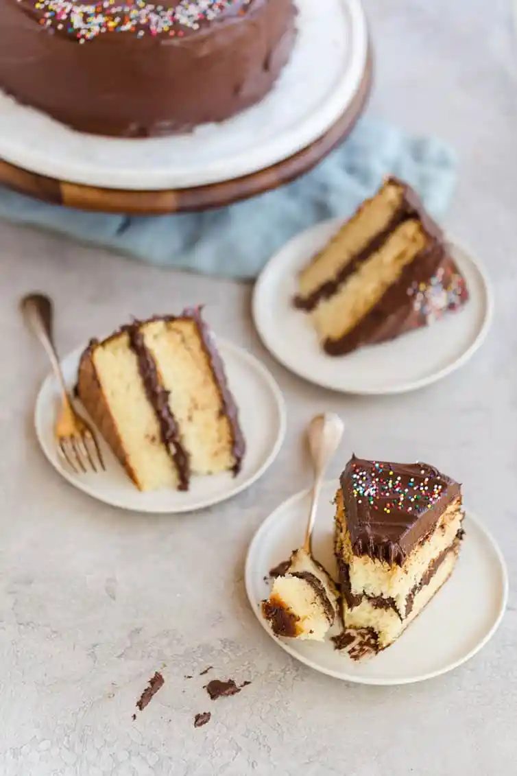 Yellow Cake, served with Chocolate Frosting (From Scratch!)